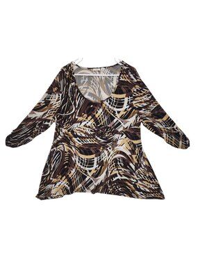CATO Women XL Abstract Print Bohemian Tunic Brown Tan Stretch Long Sleeve Blouse